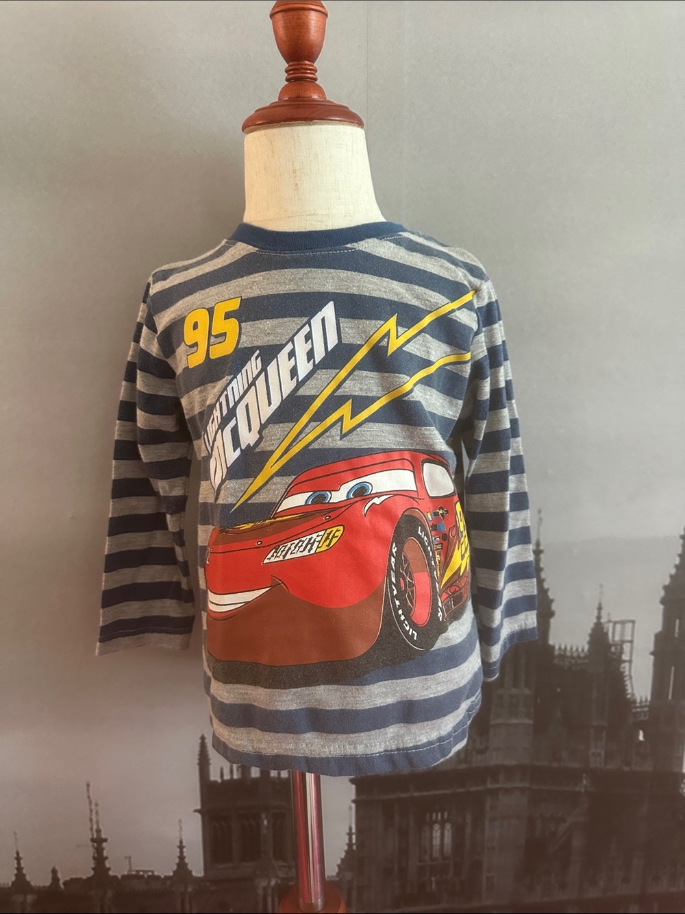 Disney Navy Blue Gray Striped Lightning McQueen Long Sleeve Tee